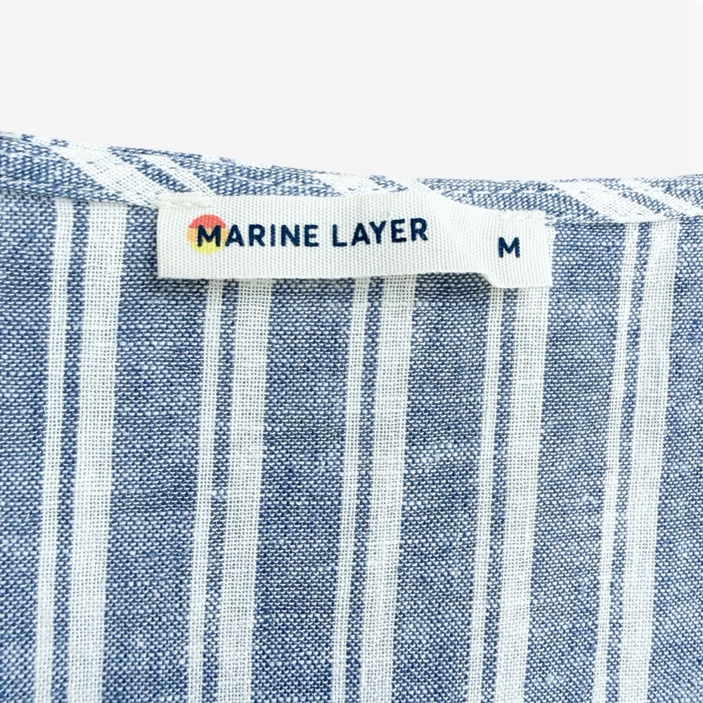 Marine Layer Frances Wrap Dress Blue Stripe White Linen Blend Tie Waist Womens M - Picture 9 of 13